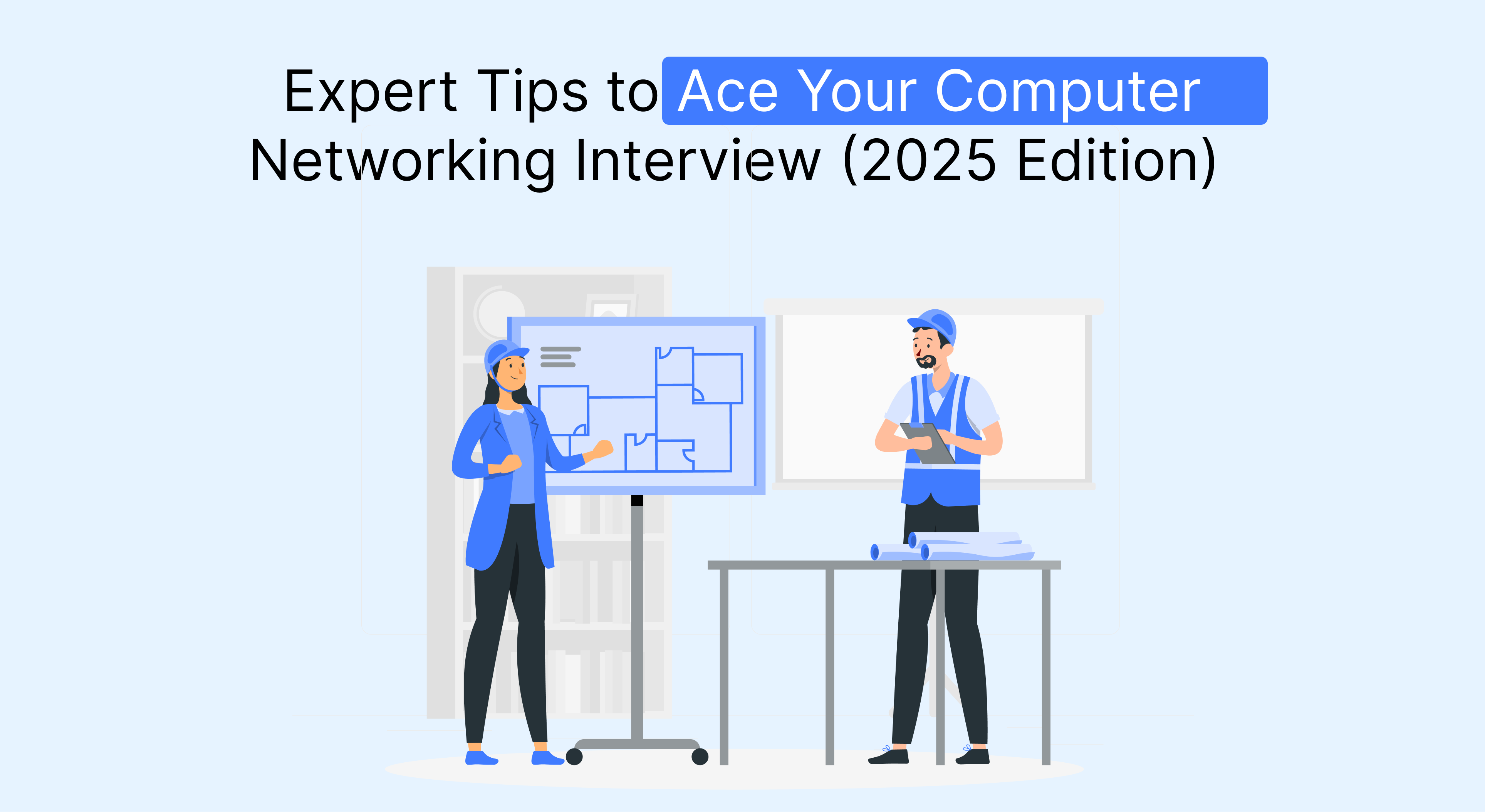 Two people in blue uniforms, one presenting a floor plan on a whiteboard, the other holding a clipboard, illustrating expert tips for acing a computer networking interview (2025 edition).