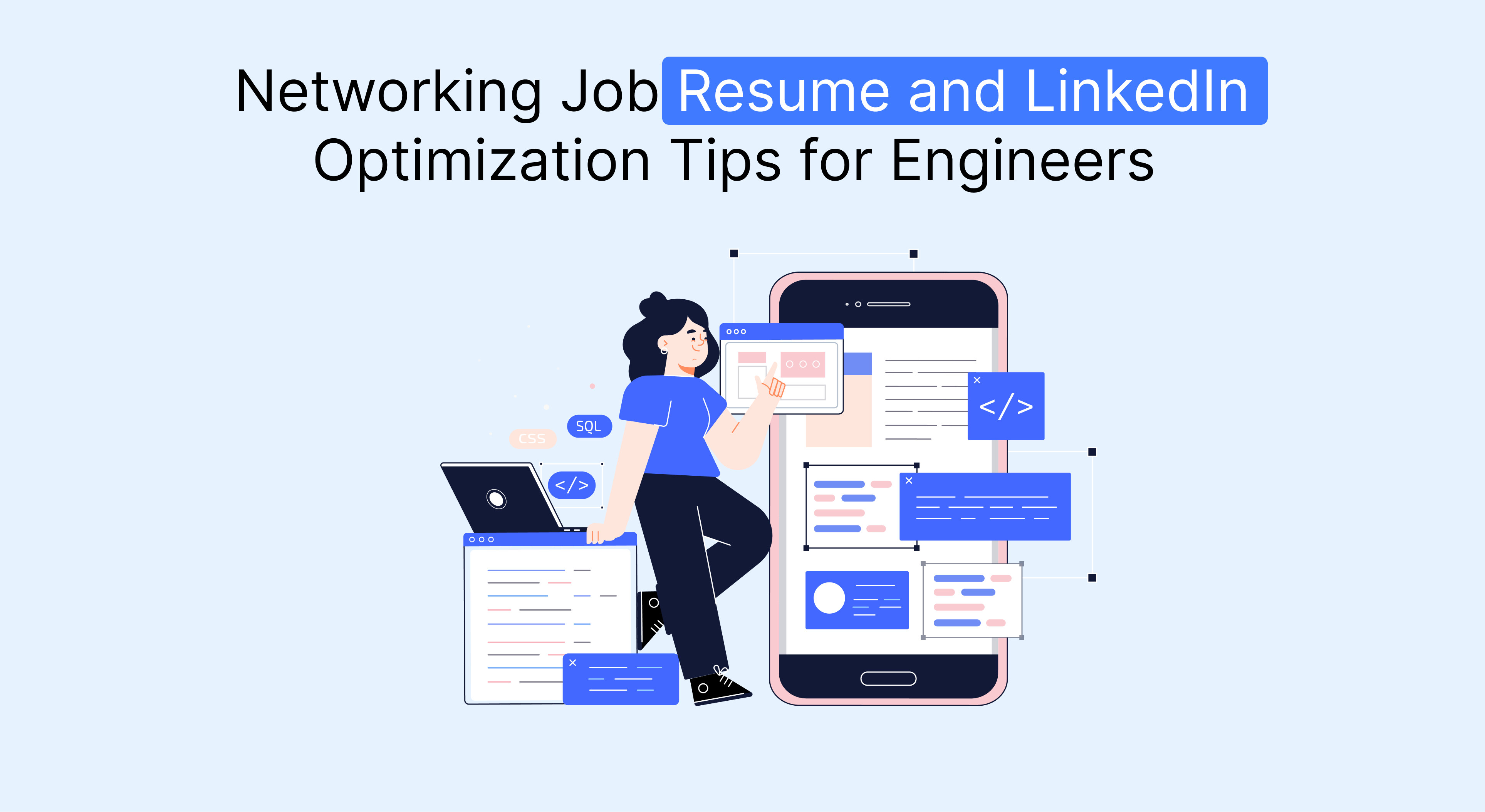 Woman using laptop and phone to optimize resume and LinkedIn for job networking, with code snippets and various digital elements.