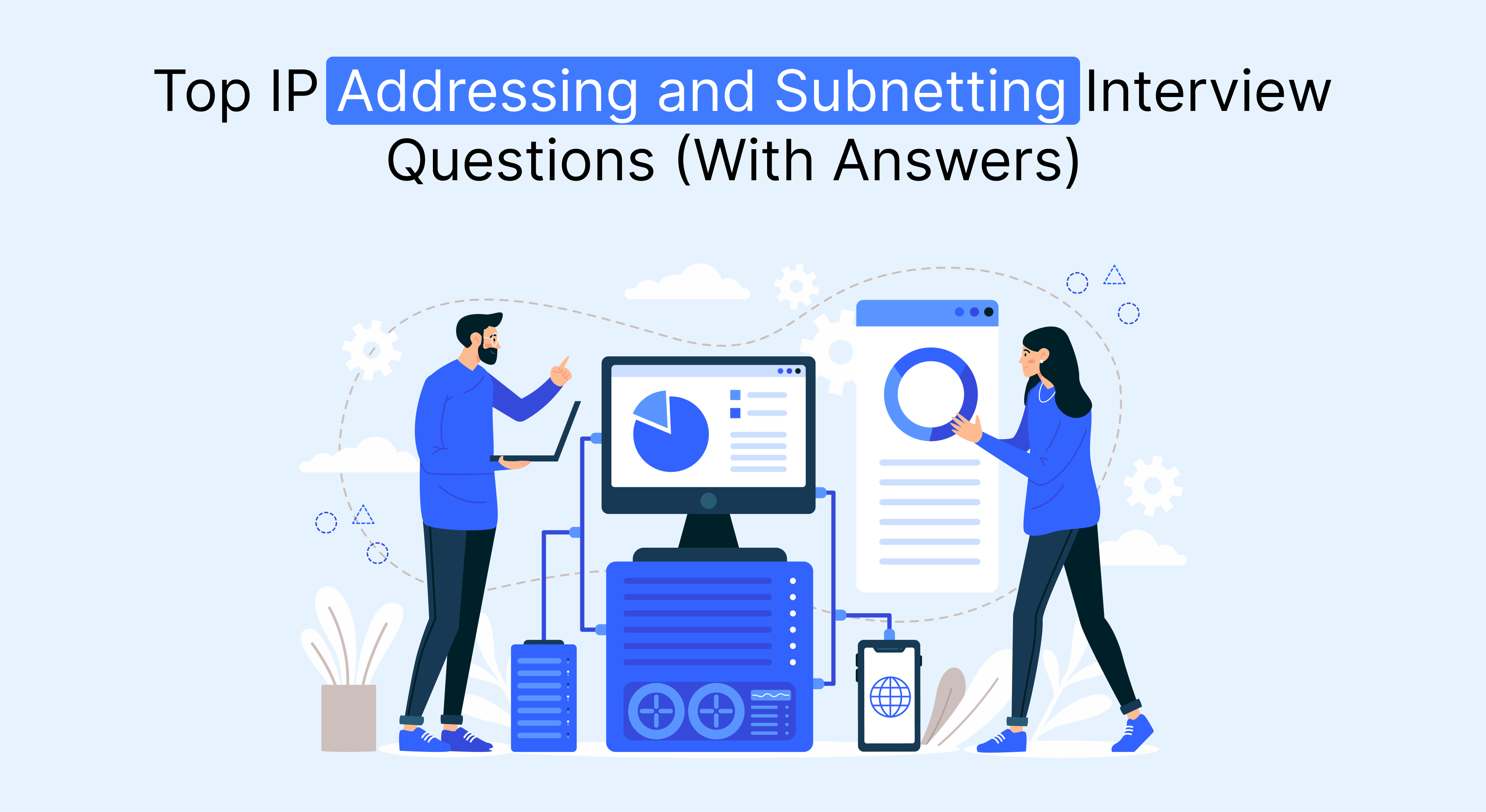 Illustration of two people discussing top IP addressing and subnetting interview questions with answers, featuring computer screens, charts, and a server rack.