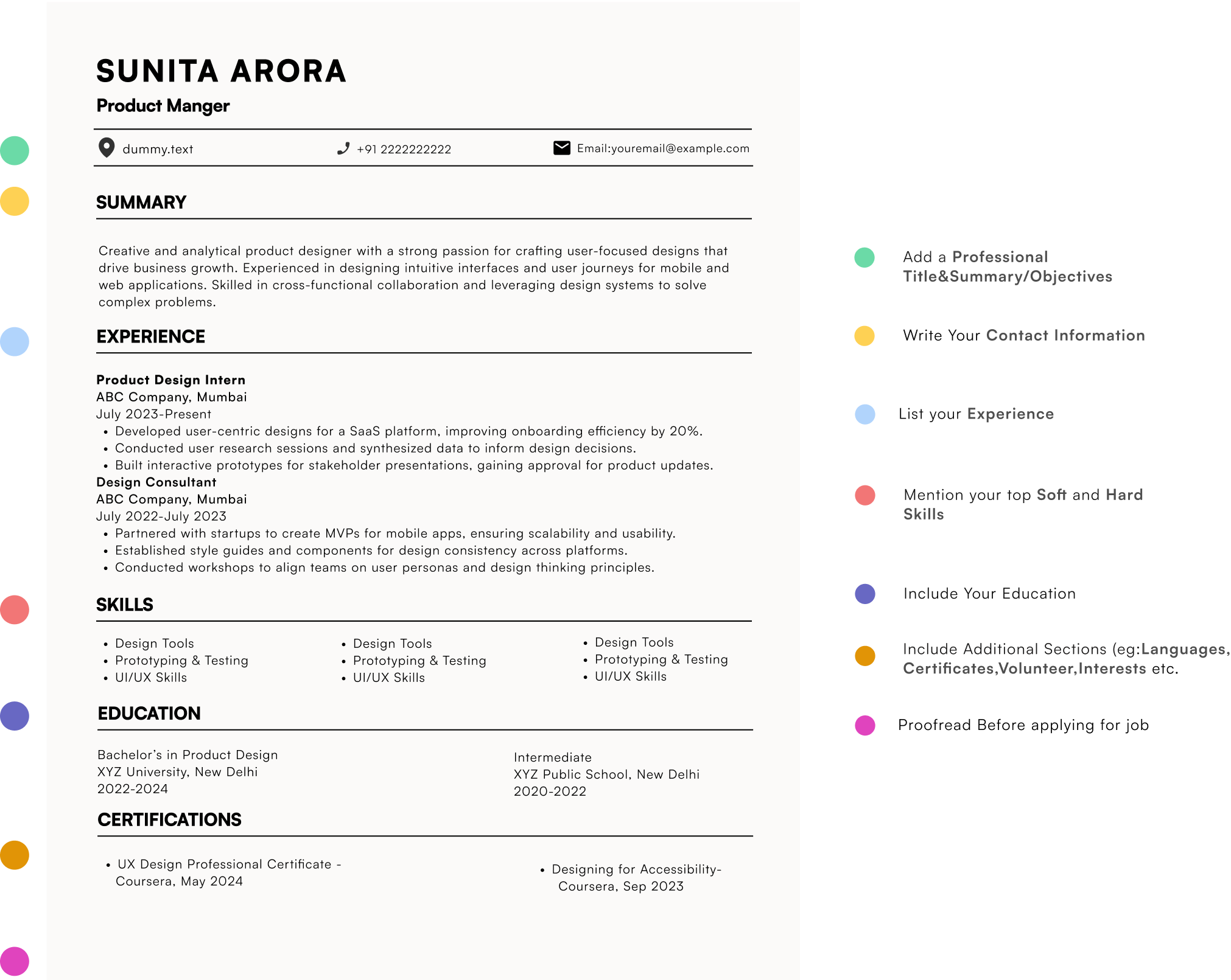 Resume example for Sunita Arora, Product Manager, featuring experience, skills, education, certifications, and professional summary.