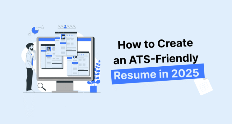 Man viewing resumes on a large monitor with the text “How to Create an ATS-Friendly Resume in 2025” displayed beside the screen.