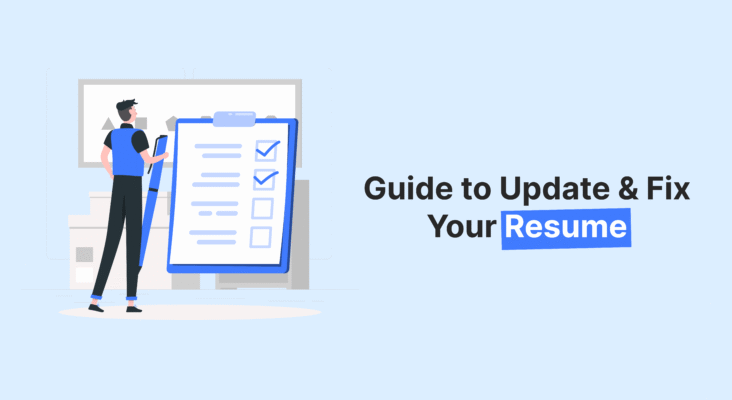 Illustration of a person reviewing a checklist, guiding job seekers on updating and fixing their resumes for 2025 job applications.