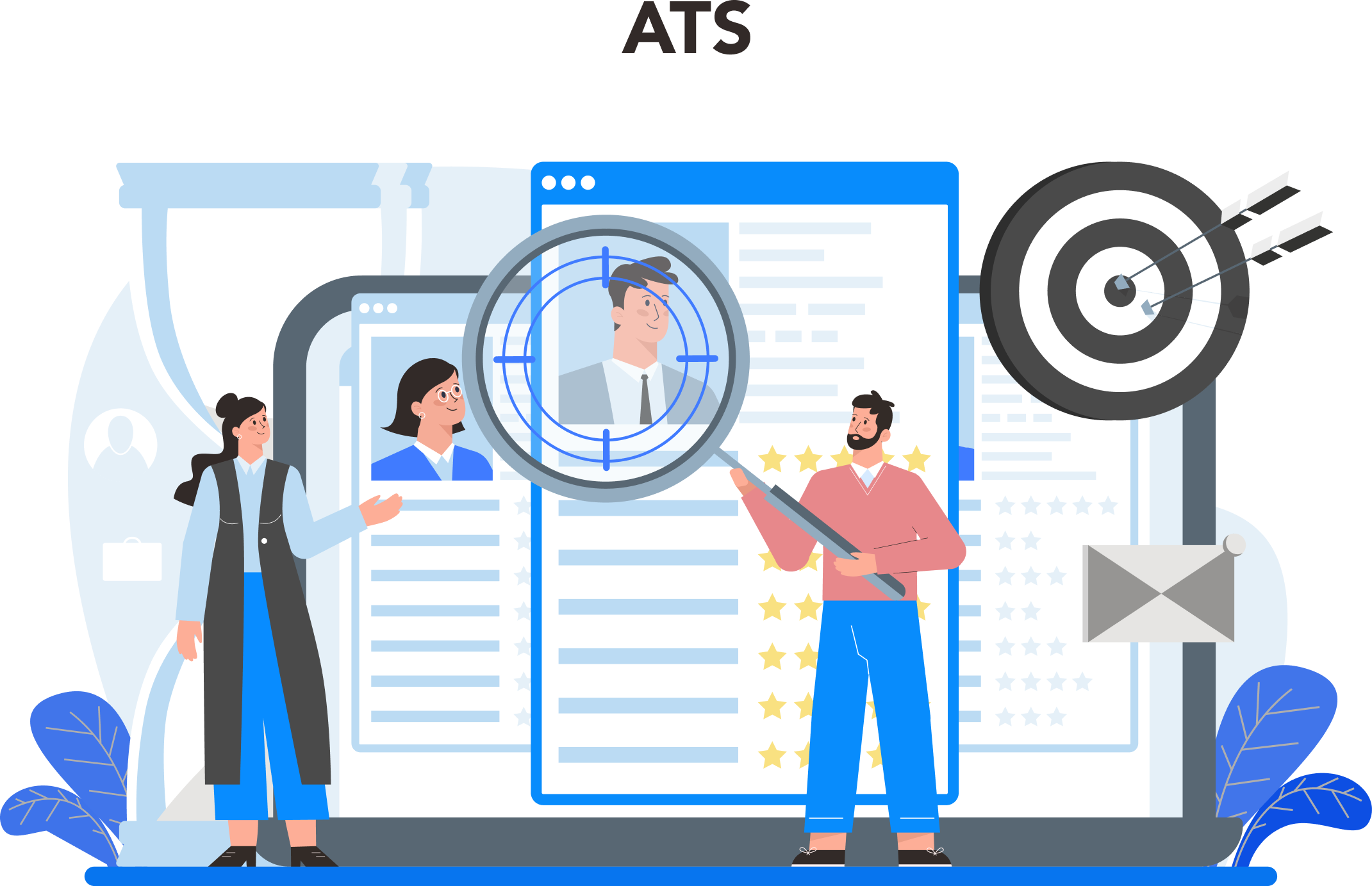 Illustration of recruiters using an ATS to review customized resumes, featuring targeting, evaluation, and resume screening technology visuals.