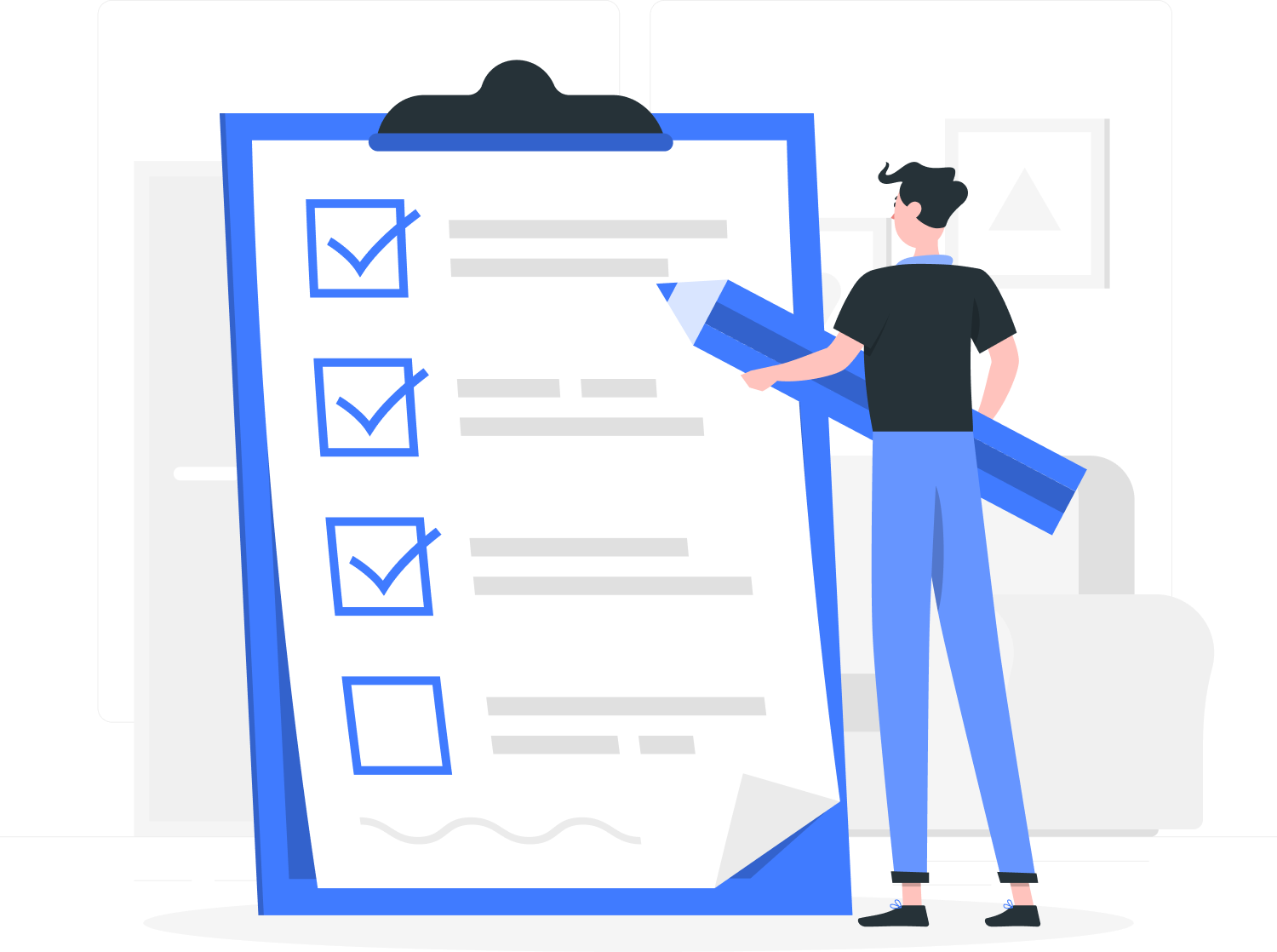 Illustration of person checking a resume checklist, symbolizing avoiding buzzwords and showcasing real, measurable resume skills.