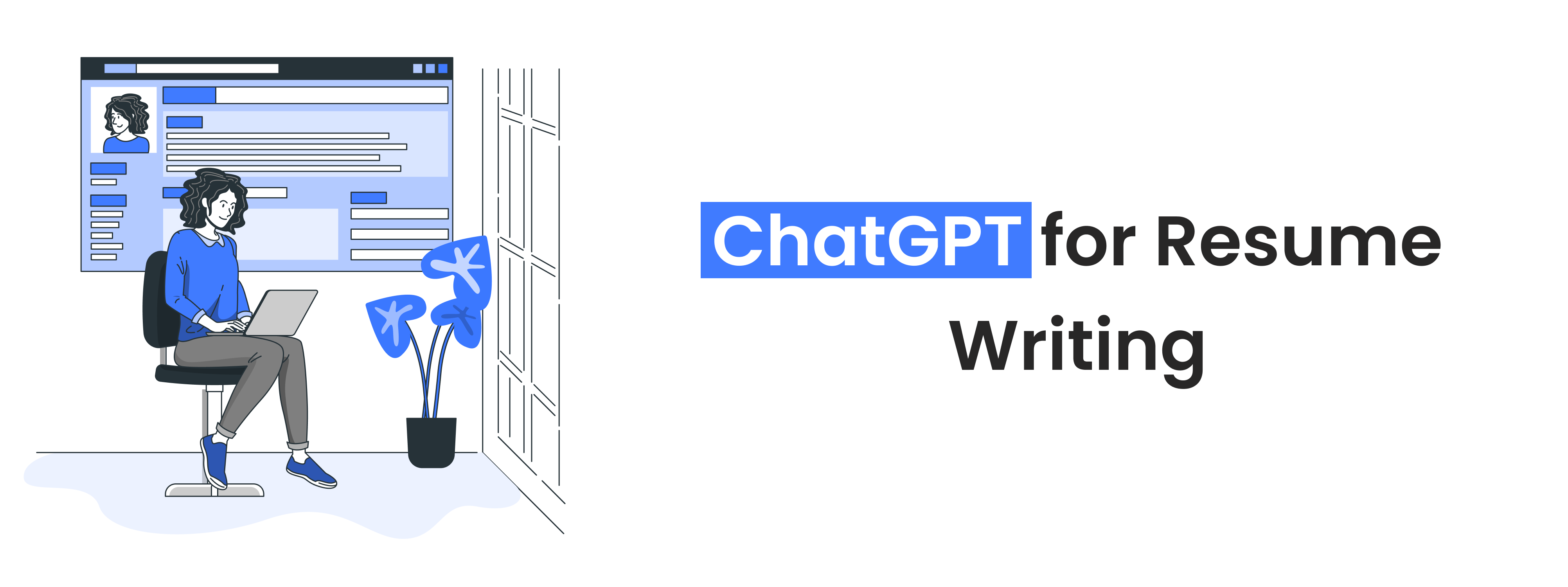 Illustration of a woman using ChatGPT to write her resume, representing the growing trend of AI-assisted resume writing for job seekers.