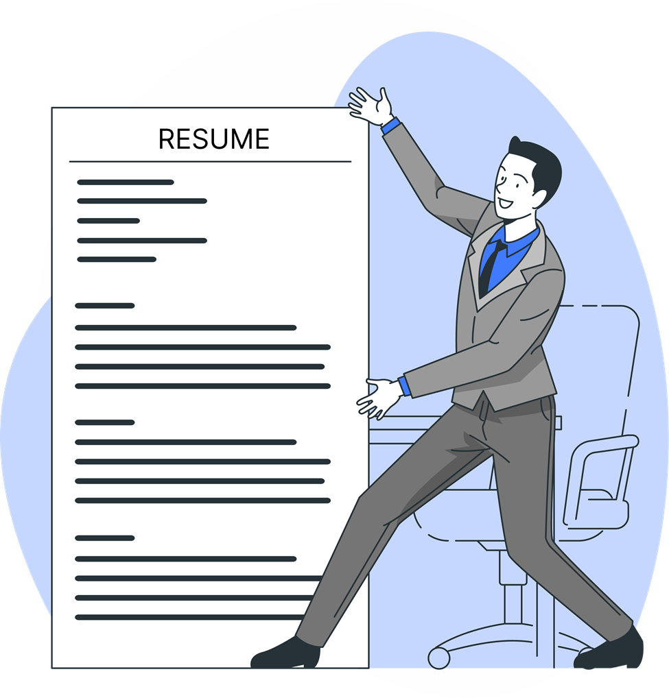 Businessman celebrates next to oversized resume—highlighting resume formatting mistakes like outdated or overly complex templates.