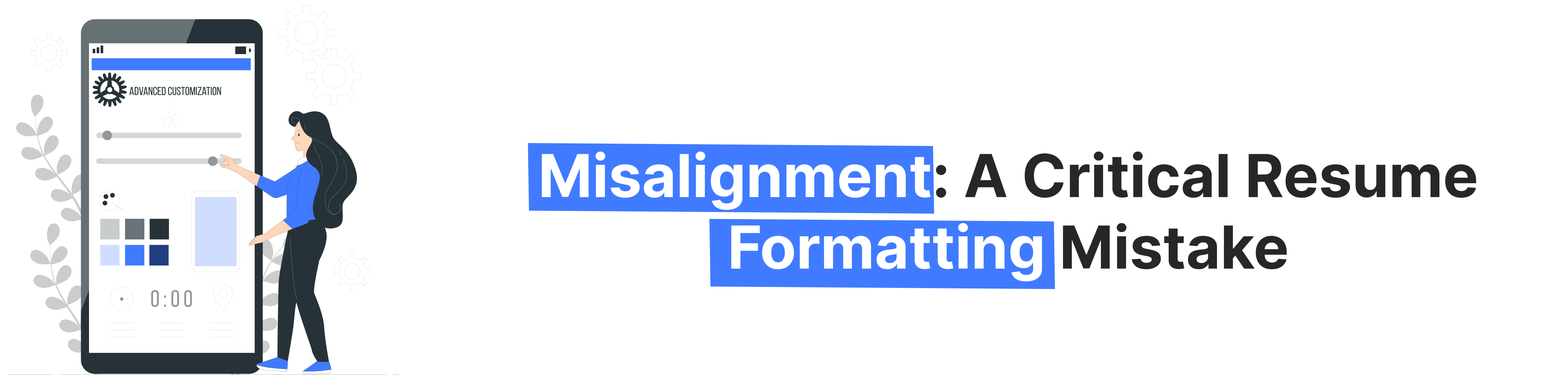 Illustration of a person correcting misaligned text on a resume interface—highlighting a common resume formatting mistake.