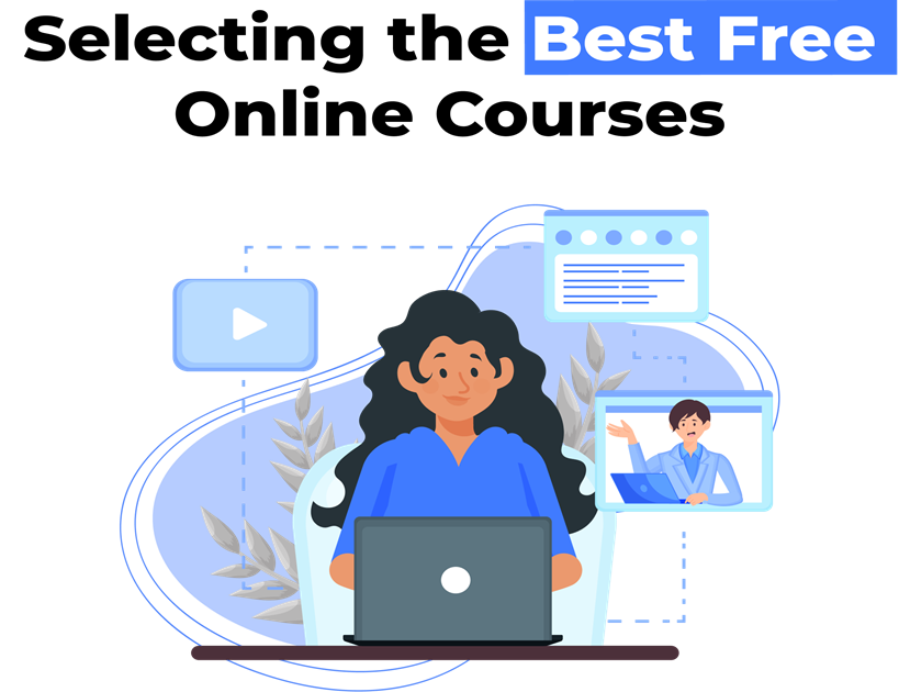 A woman attends a video conference on a laptop, with a video player icon and online course elements, representing free online learning.