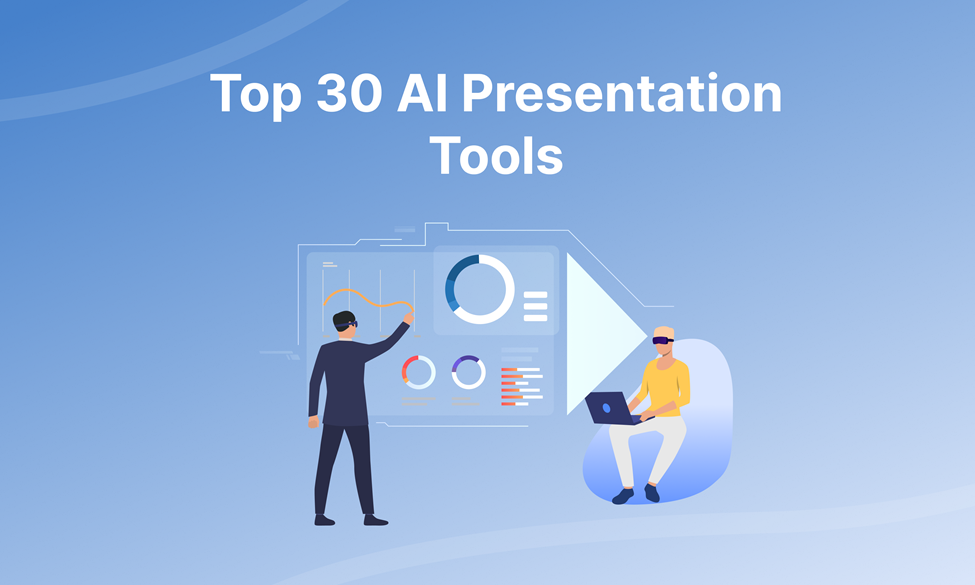 Two people interacting with AI-powered presentation tools, showcasing data visualizations and automation for creating slides efficiently.