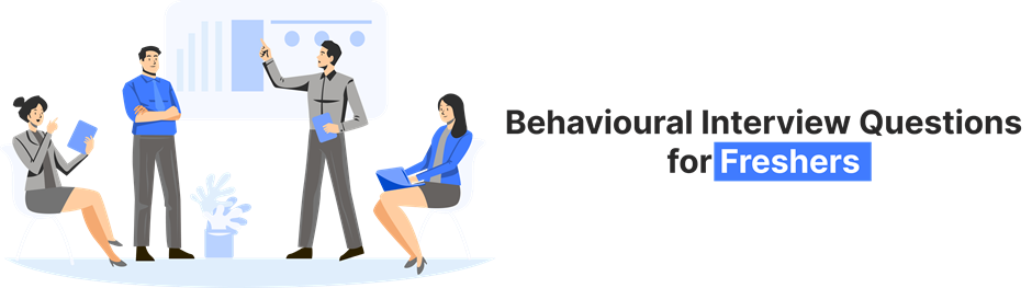 Illustration of a team discussing behavioural interview strategies for freshers during a business meeting in a modern office setting.