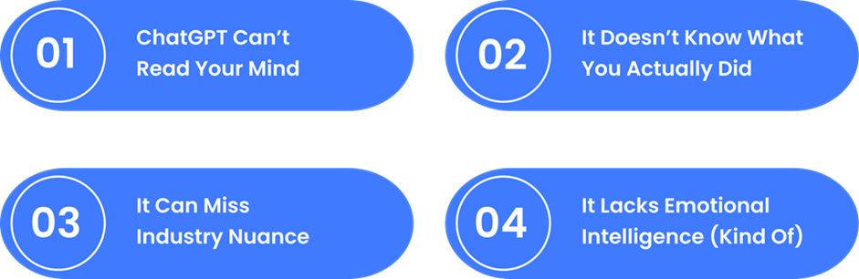 Four numbered, light-blue rectangular boxes, each containing a statement about ChatGPT's limitations.
