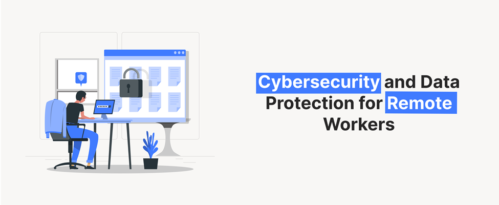 Illustration of a person working on a computer with cybersecurity elements, highlighting data protection for remote workers in 2025.