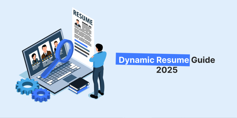 Man reviewing resumes on a laptop with a magnifying glass, highlighting tips from the Dynamic Resume Guide 2025 for job seekers.