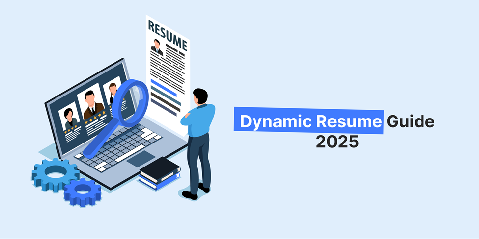 Man reviewing resumes on a laptop with a magnifying glass, highlighting tips from the Dynamic Resume Guide 2025 for job seekers.