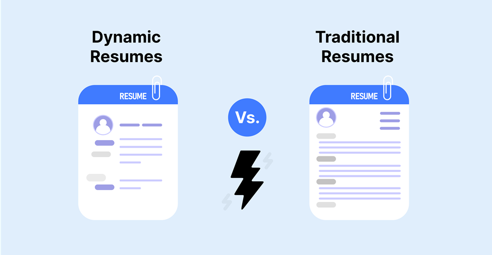 Comparison of dynamic and traditional resumes, featuring two resume templates side-by-side with a lightning bolt graphic in between.