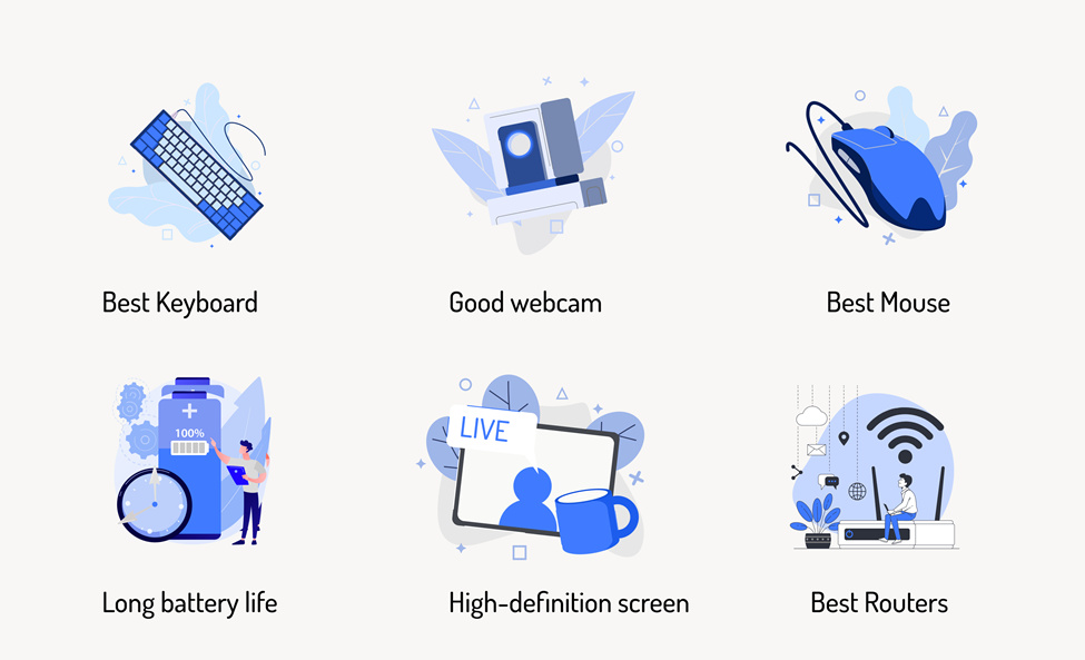 Graphic illustration showcasing best keyboard, good webcam, best mouse, long battery life, high-definition screen, and best routers.