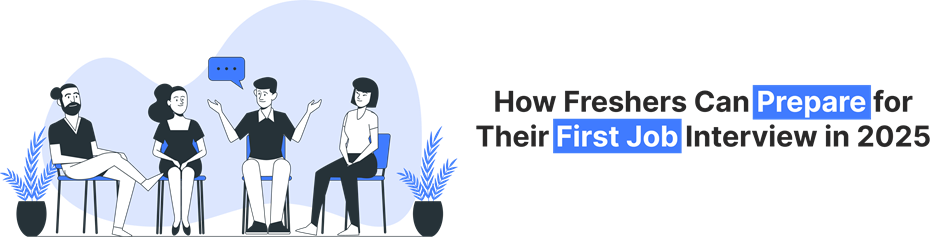 Four young professionals discuss job interview strategies, illustrating how freshers can prepare for their first interview in 2025.