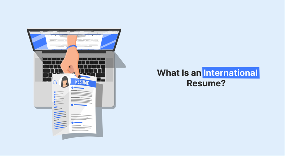 Illustration of a hand holding a resume over a laptop with text asking “What Is an International Resume?”