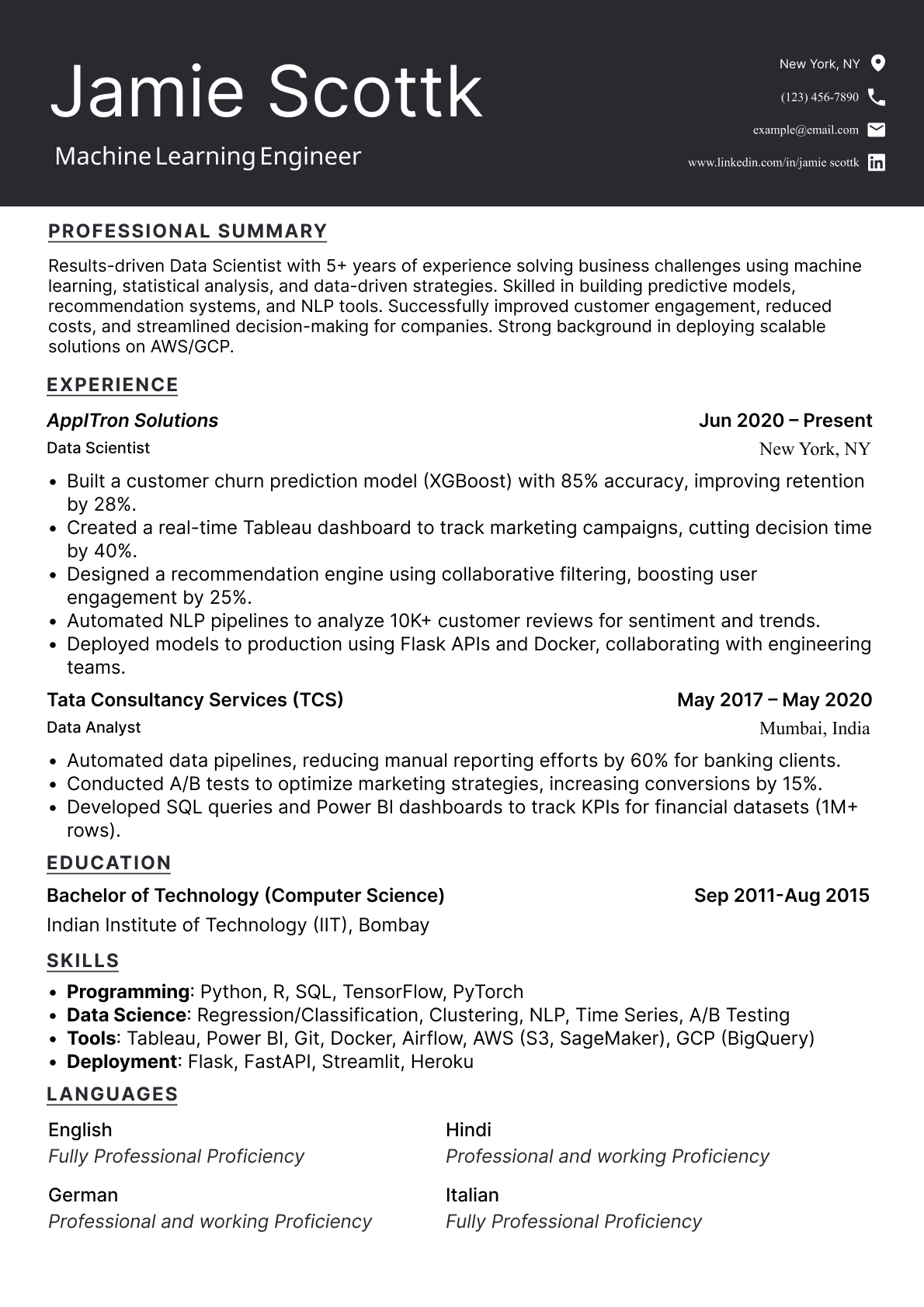 Example of an international resume for a machine learning engineer, showing skills, experience, education, and language proficiencies.