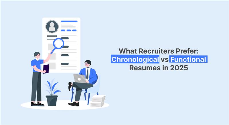 Two people reviewing a resume, highlighting the topic of chronological versus functional resumes in 2025.