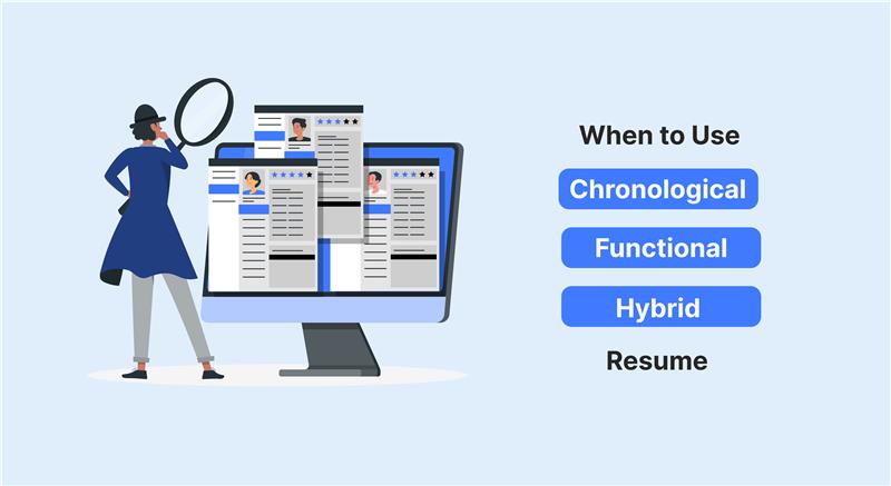 Illustration of a person reviewing resume types on a screen to decide when to use chronological, functional, or hybrid resume formats.
