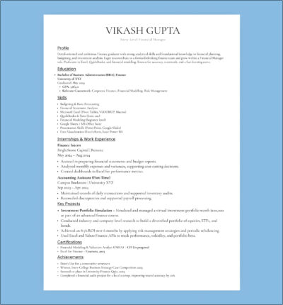 Entry-level financial manager resume template showcasing finance skills, internships, and budgeting experience in a clean, ATS-ready format.