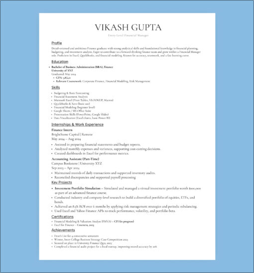 Entry-level financial manager resume template showcasing finance skills, internships, and budgeting experience in a clean, ATS-ready format.