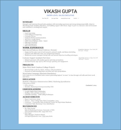 Entry-Level Sales Executive Resume Template highlighting skills in lead generation, cold calling, customer service, CRM tools, and sales presentations, along with experience in sales internships, customer support, and successful project participation, including sales pitch deck creation and mock sales campaigns.