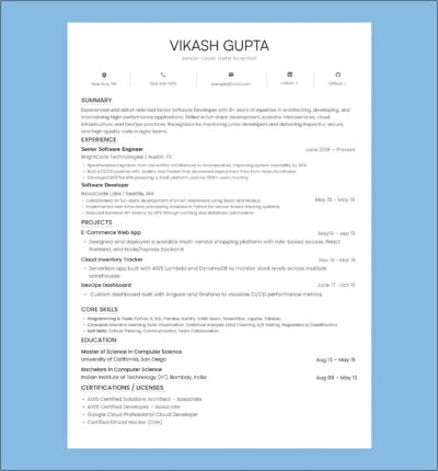 Senior-level data scientist resume showing expertise in cloud tools, machine learning, DevOps, and large-scale predictive analytics.