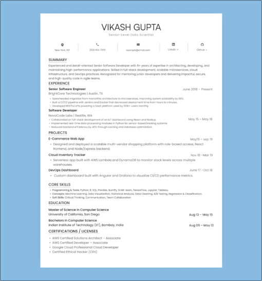 Senior-level data scientist resume showing expertise in cloud tools, machine learning, DevOps, and large-scale predictive analytics.