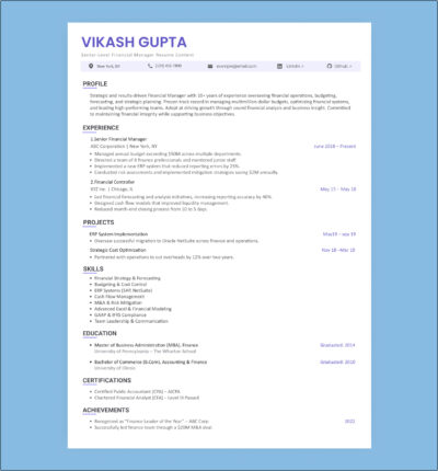 Clean senior financial manager resume template featuring 10+ years of experience in budgeting, forecasting, and team leadership.