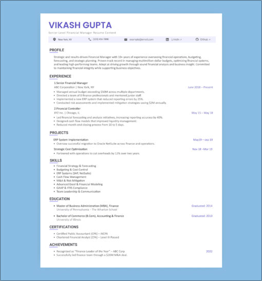 Clean senior financial manager resume template featuring 10+ years of experience in budgeting, forecasting, and team leadership.