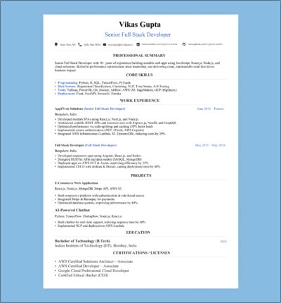 senior full-stack developer resume, highlighting 10+ years of experience building scalable web projects. using JavaScript, React.js, Node.js, and cloud solutions.