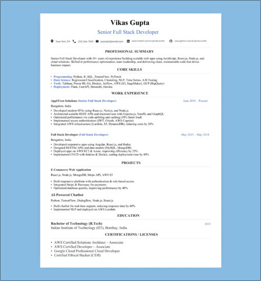 senior full-stack developer resume, highlighting 10+ years of experience building scalable web projects. using JavaScript, React.js, Node.js, and cloud solutions.