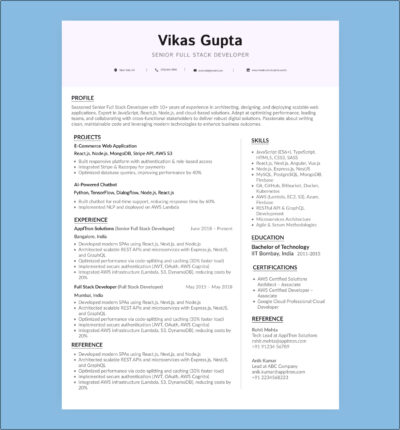 Senior Full Stack Developer resume template showing 10+ years of JavaScript, React.js, Node.js, and AWS experience with modern layout.
