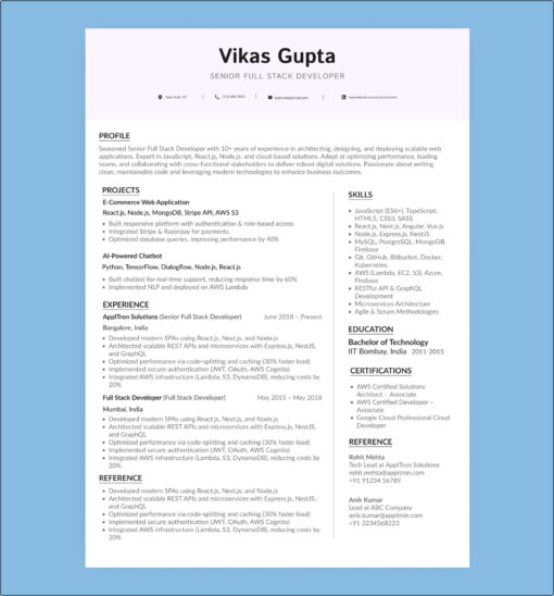 Senior Full Stack Developer resume template showing 10+ years of JavaScript, React.js, Node.js, and AWS experience with modern layout.