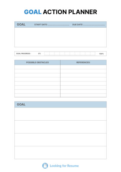 A goal action planner template with fields for goal, start date, due date, progress, obstacles, and references.