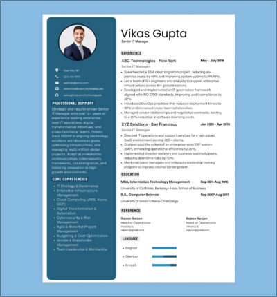 Executive resume template for Senior IT Manager highlighting experience, skills, and education for job applications.