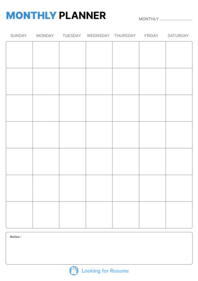Monthly planner template with days of the week at the top and a notes section at the bottom.