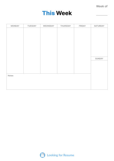 A "This Week" planner template with empty daily sections for Monday through Sunday and a notes section.