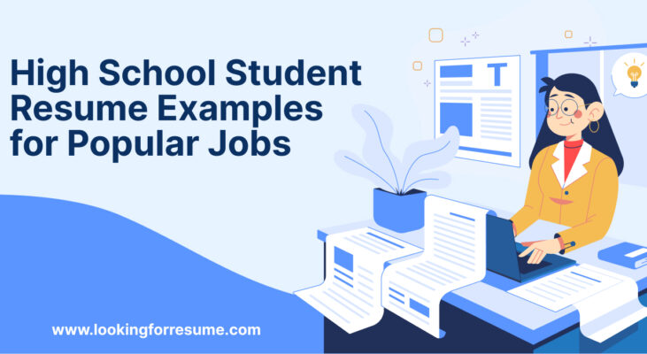Illustration featuring text "High School Student Resume Examples for Popular Jobs" alongside a woman working on a laptop surrounded by documents and a potted plant.
