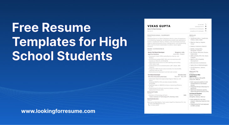 Promotional graphic with white text reading "Free Resume Templates for High School Students" over a blue background beside a sample resume template.