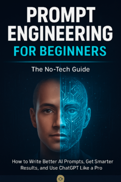 Prompt Engineering for Beginners — The No-Tech Guide ebook cover showing half-human half-AI face design for learning ChatGPT prompts without coding