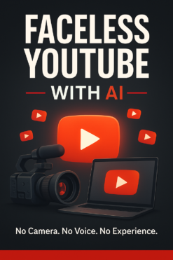 Faceless YouTube With AI — free ebook cover showing video camera, laptop, and YouTube play buttons for beginners starting a channel without showing their face