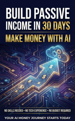 make money with AI ebook cover showing passive income in 30 days with AI automation and growth arrow design