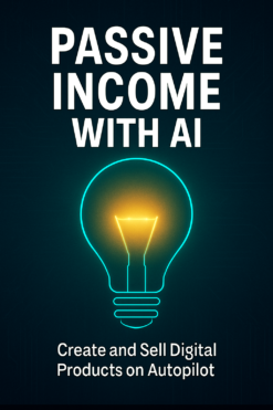 Passive Income with AI — free ebook cover showing neon lightbulb on dark teal background for beginners learning to create and sell digital products
